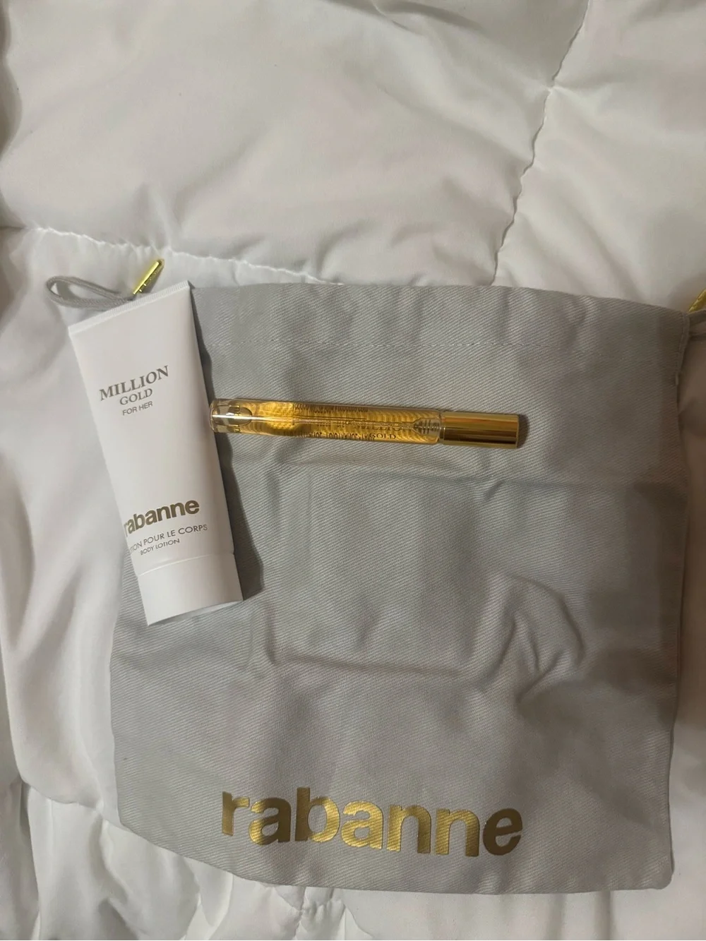 paco rabanne gift set with Gray Drawstring Bedding Accessory Bag with Gold Logo
